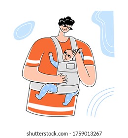 Vector flat illustration of happy father with baby in slings. Concept easy carry for children, kangaroo, slings, ergo backpacks.