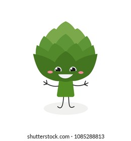 Vector flat illustration of happy funny cartoon artichoke isolated on white background 