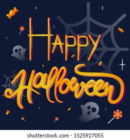 Vector flat illustration Happy Halloween lettering, spider web, candy, ghost, skull on dark blue background