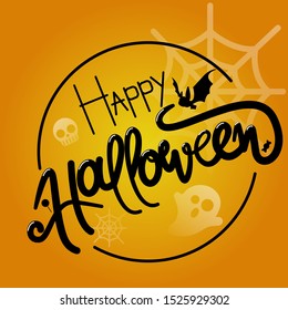 Vector Flat Illustration Happy Halloween Lettering, Spider Web, Candy, Ghost, Skull On Orange Background In Circle