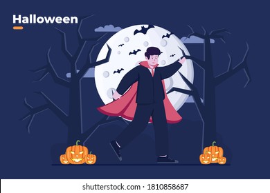 vector flat illustration happy halloween with dracula, full moon, pumpkin,  jack-o'-lantern at night time. trick or treat halloween. halloween celebration concept. greeting card, invitation, animation