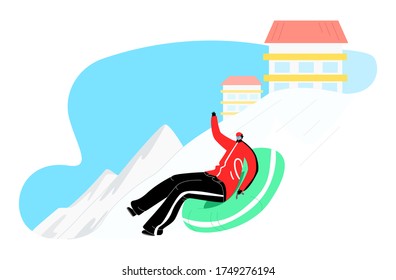 Vector flat illustration happy man riding down mountain on inflatable snow tube. Concept ski resort, mountain, winter tourism, travel, extreme sports.