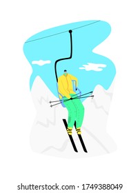 Vector flat illustration happy man skier going up on funicular. Concept ski resort, mountains, winter tourism, travel, extreme sports.