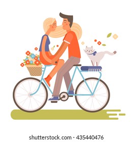 Vector flat illustration of a happy man and a woman with long blond hair, riding bicycle. Young hipster couple in love.