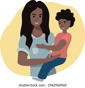 Vector flat illustration of a happy mom holding a loving child in her arms. African American woman with little boy