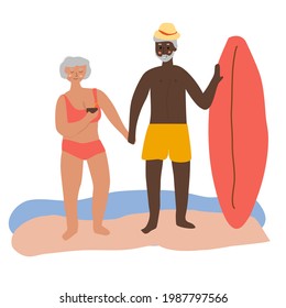 Imagen plana vectorial de la feliz pareja mayor en la playa. Ancianos activos con tablas de surf. Para diseño gráfico, sitios web, impresiones, carteles, etc