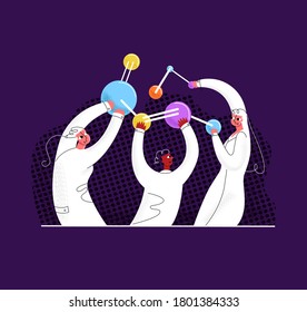 Vector flat illustration happy scientists holding, assembling enlarged abstract molecule. Concept discoveries in science, medicine, pharmacy, chemistry, as well as development, research, experiments.