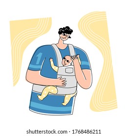 Vector flat illustration happy single father with baby in children carrier. Concept fatherhood, child care, and slings. Can be used in father s day cards, landing pages, etc.