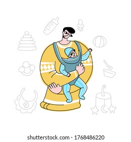 Vector flat illustration happy single father with baby in children carrier. Concept fatherhood, child care, and slings. Can be used in father s day cards, landing pages, etc.