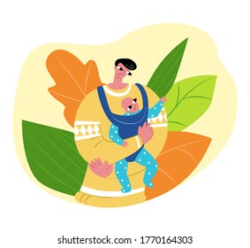 Vector flat illustration happy single father with baby in children carrier. Abstract plant background. Concept fatherhood, child care, and slings. Can be used in father s day cards, landing pages, etc