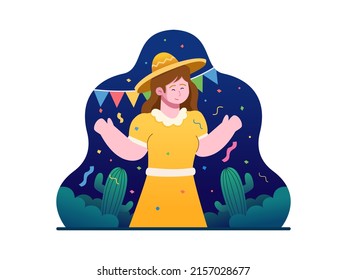 Vector Flat Illustration Happy Woman Enjoying Festa Junina Celebration at Night Time.
Can be Used for Greeting Card, Postcard, Poster, Web, Banner, Print, Etc