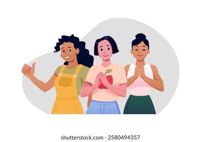 Vector flat illustration of happy women of different nationalities clapping their hands. Applause, support, celebration. Approval and congratulation concept. Positive ovation. Close-up.