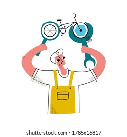 Vector flat illustration with happy worker who fixes Bicycle using abstract wrench, performs diagnostics through magnifying glass. Concept repairing bicycles and other means of transportation.