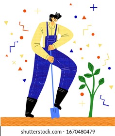 Vector flat illustration with happy young man who is digging ground for planting seedlings in backyard. Concept of gardening, farming, working on land, natural production. 