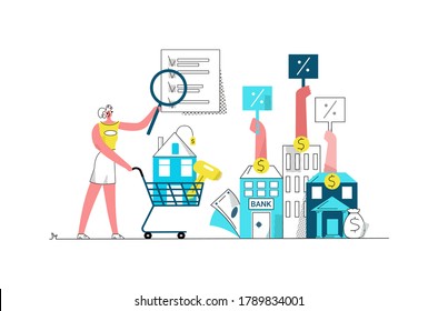 Vector flat illustration with happy young woman under magnifying glass considers an offer from banks to get mortgage, loan. Concept mortgages, home purchases, and document checks.