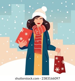 Vector flat illustration, a happy young woman in warm winter clothes walks down the street with packages in her hands. Holiday shopping, Christmas Eve.
