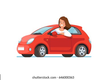 Vector flat illustration of a happy young woman driver sitting rides in his red car. Design concept of buy a new car