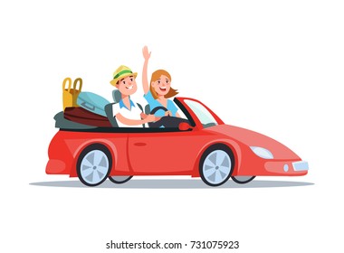 Vector flat illustration happy young couple riding in a red car on vacation. Design concept family travel on car