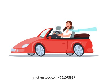 Vector Flat Illustration Of A Happy Young Woman Driver Sitting Rides In His Red Car. Design Concept Travel On Car