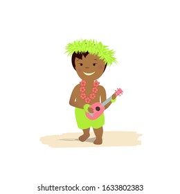 Vector flat illustration. Hawaiian boy with ukulele. Polinesia. Vacation. Sand beach.