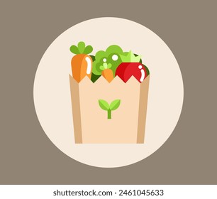Vector flat illustration. Healthy eating concept. Craft bag with vegetables. Images of broccoli, carrots and beets.