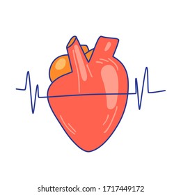 Dibujo vectorial plano del corazón con línea de latido del corazón, aislado en fondo blanco