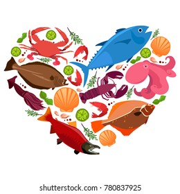 Vector flat illustration of heart with seafood in it on white background. Elements for design.