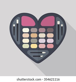 Vector flat illustration: heart-shaped eyeshadow palette with eye shadows, lip balm and brushes
