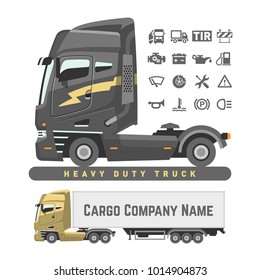 Vector flat illustration of heavy duty truck cab over. Semi-trailer cargo truck. Basic car icon set. Simple transportation symbol.