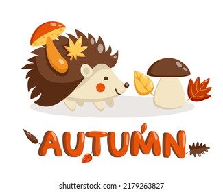 Ilustración plana vectorial del erizo y el hongo en otoño. Carácter lindo del bebé de la cabeza.
