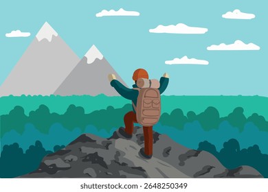 Ilustração plana vetorial de pessoa caminhando com mochila, que está feliz atingiu o pico da montanha. Pode ser usado como um fundo, mão desenhado estilo imperfeição 