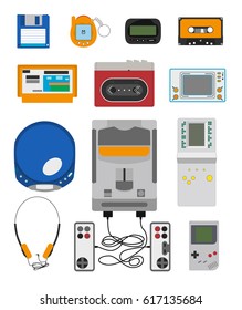 Vector flat illustration of hipster gadgets in a flat style. Icon set of technical gadget of the 90's. Isolated on white electronics. Retro media device icon set.   