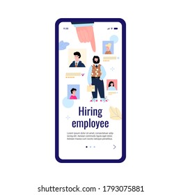 Ilustración vectorial plana de la contratación, búsqueda y contratación. Una agencia de caza de recompensas. Seleccionar un empleado de muchos candidatos. Diseño de página web para una aplicación móvil.