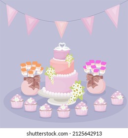 vector flat illustration holiday candy bar at the wedding cake