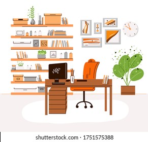 Vector flat illustration of home office work place interrior - working desk with monitor, computer, shelfs with books and accessories, plants. Cozy home work area, home office zone