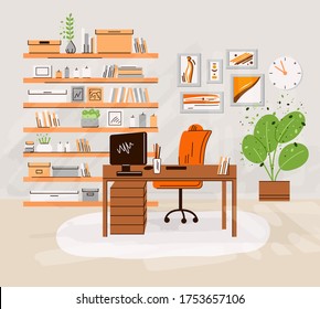 Vector flat illustration of home office workplace interior - working desk with computer monitor and shelves with books and accessories, plants. Cozy home work area, home office zone