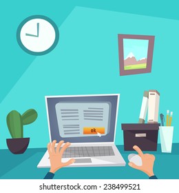Vector flat illustration home office freelance work desktop with laptop hand and mouse