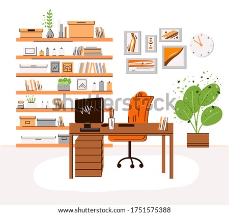 Vector flat illustration of home office work place interrior - working desk with monitor, computer, shelfs with books and accessories, plants. Cozy home work area, home office zone