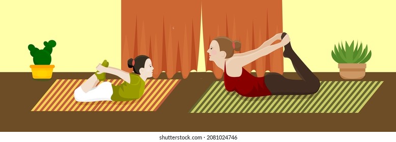 vector flat illustration home yoga mom and baby daughter doing yoga at home 