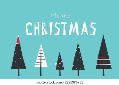 Vector flat illustration. Horizontal banner with Christmas trees decorated by Santa hat, stripes, triangles. Simplified minimalistic shape, Scandinavian style. Hand drawn text - Merry Christmas