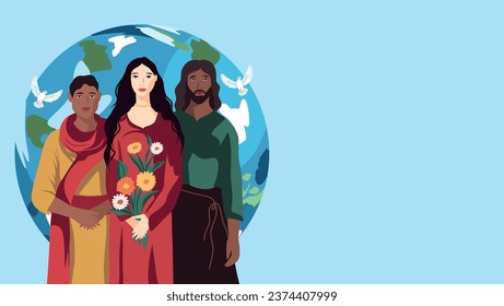 Vector flat illustration. Horizontal banner place for text people against war. Peace to the world. People of different nationalities and cultures stand together against the backdrop of the planet. 