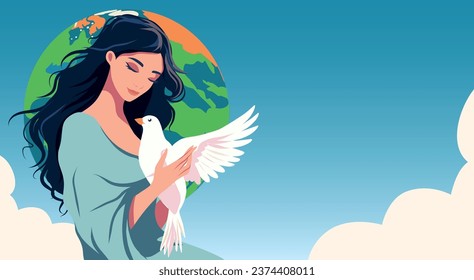 Vector flat illustration. Horizontal banner poster place for text. International Day of Peace. World peace. A girl holds a dove in her arms against the backdrop of the globe. Hands and dove of peace