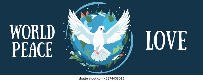 Vector flat illustration. Horizontal banner place for text. International Day of Peace. A dove with outstretched wings against the background of the earth