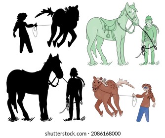 Vector flat illustration:  horse silhouettes hand drawn stickers set