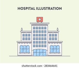 Vector flat illustration of a hospital building with a red cross on the top on a light yellow background. Cartoon picture