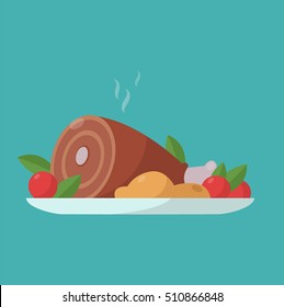 Vector Flat Illustration With Hot Cooked Meat.Dinner Flat Cartoon Design. Food Icon.