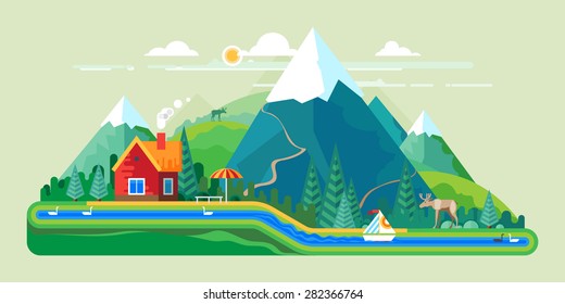 Vektorflache Illustration - Haus am See. Haus in den Bergen.  Die wilde Natur. Ökotourismus