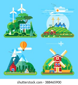 Vector flat illustration - House at the lake. House in the mountains. Wild nature. Ecotourism. Ecology structure. Eco farm. Green energy.
