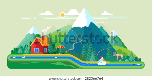 ベクターフラットイラスト 湖の家 山の中の家 野性 エコツーリズム のベクター画像素材 ロイヤリティフリー