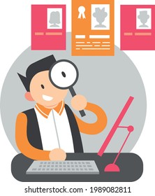 
Vektor-flache Illustration HR-Manager und Rekrutierer im Büro auf der Suche nach einem Mitarbeiter, Einstellung zur Arbeit, Einstellung zur Arbeit, Suche nach einem Kandidaten mit Zoom-Tool